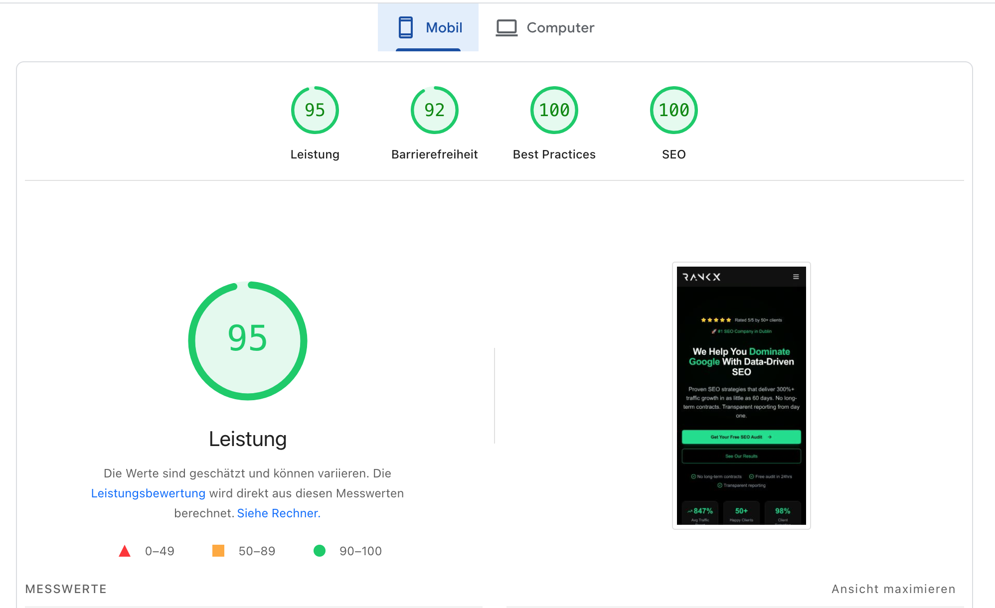 RankX SEO Web Core Vitals — Google PageSpeed Insights mobile performance score of 95